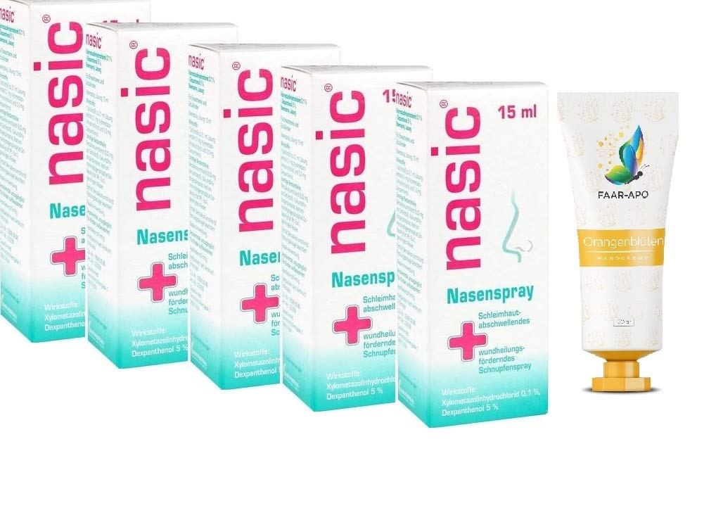 Nasic Nasenspray SPARSET 5x 15 ml inkl. einer hochwertigen Handcreme Marke Faar-Apo