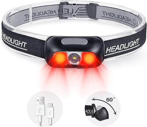 Miniatura 8 de Paquete de 3 faros recargables, lámpara de cabeza ultra brillante de 500 lúmenes, 5 modos de iluminación con luz roja, IPX4 impermeable con correa