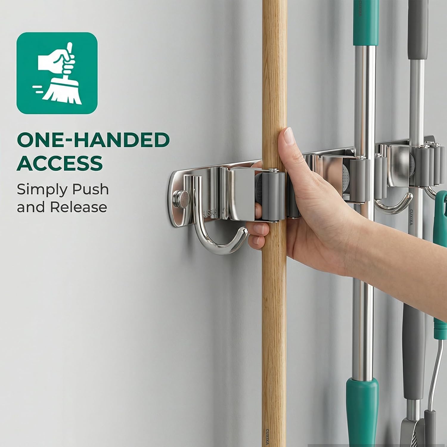 Stainless Steel Mop & Broom Holder - 3 Slots & 4 Hooks -3