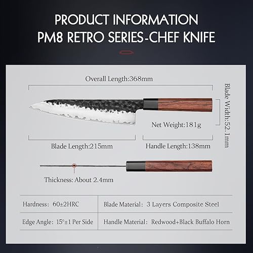 Miniatura 2 de HEZHEN - Cuchillo de chef de 8.5 pulgadas, 3 capas de acero de forja compuesto de alto carbono, cuchillo de cocina afilado, mango octogonal de