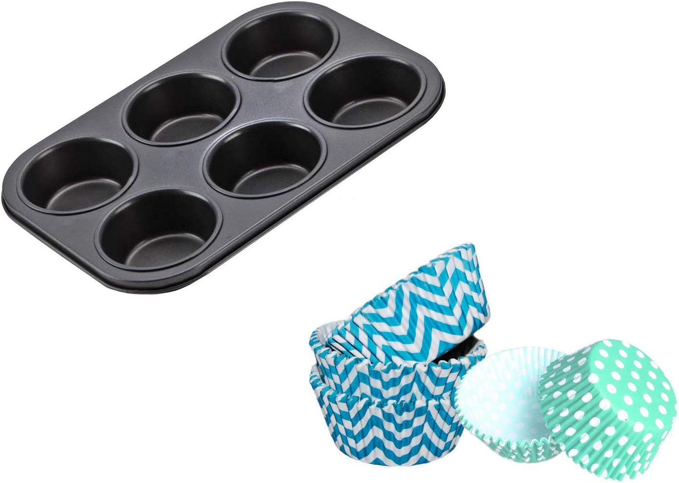 Prime Bakers and Moulders 6 Slot Black Nonstick Muffin Tray Cupcake Pan with 100 Paper Cups