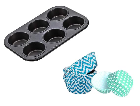 Prime Enterprises 6 Slot Black Nonstick Muffin Tray/Cupcake Pan Plus Free 100 Paper Cups