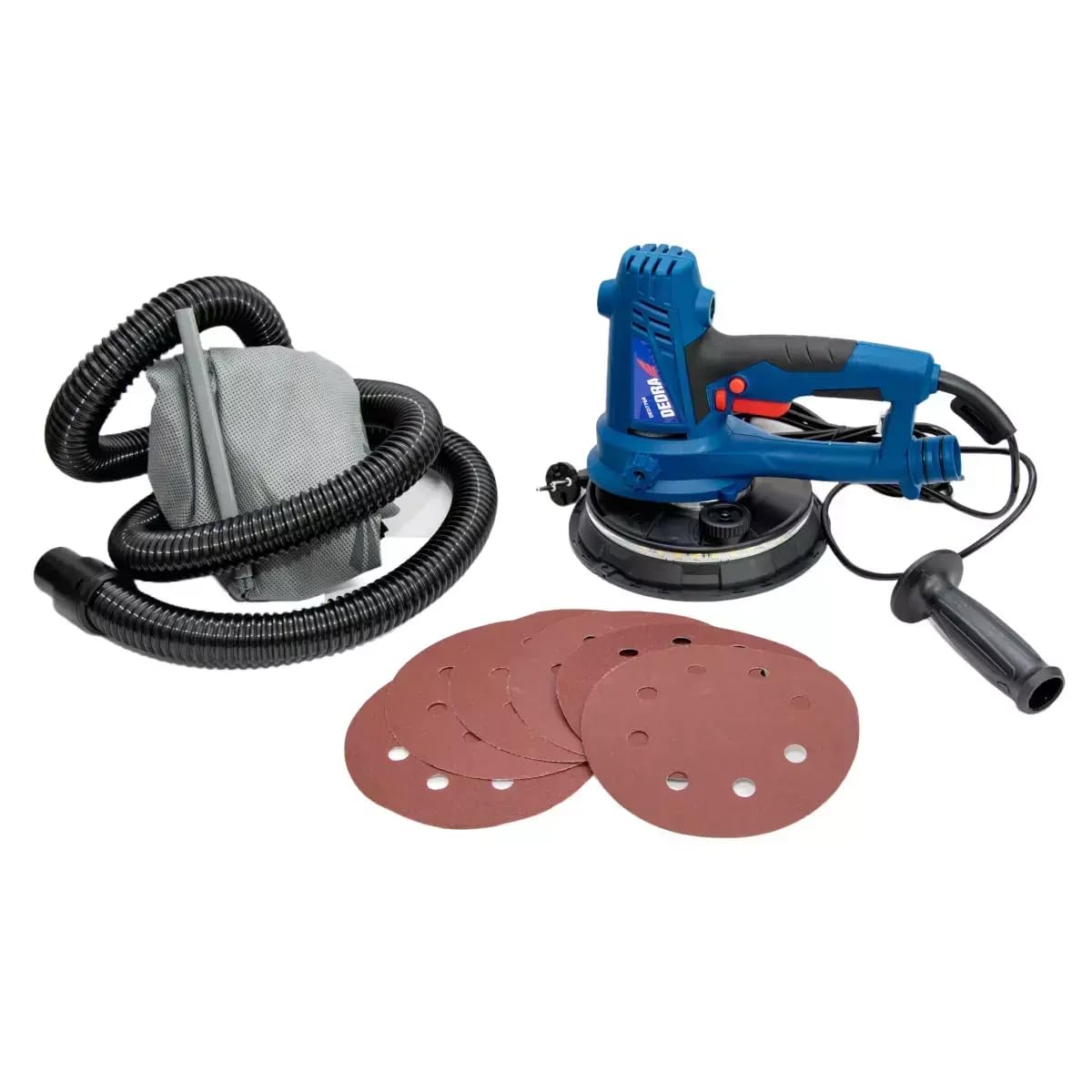 Levigatrice a secco a mano con luce LED DEDRA, 750 W, 1500-2700 giri/min, 180 mm, per la lavorazione del gesso, con aspirazione della polvere, peso 3,1 kg, cavo lungo 4 m