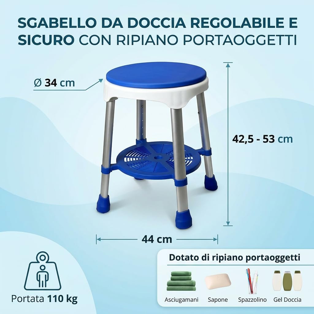 Sgabello da Doccia girevole a 360° con Cuscino Antibatterico e Ripiano Portaoggetti, con Altezza Regolabile per Anziani e Disabili Bianco