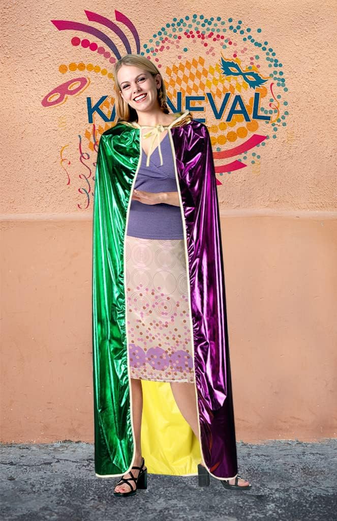 Mardi Gras Shimmering Yellow Green Purple Cape, Mardi Gras Full Length Cloak Costume Accessory Masquerade Costume for Mardi Gras Robe Outdoor Party Carnival Holiday Outfits