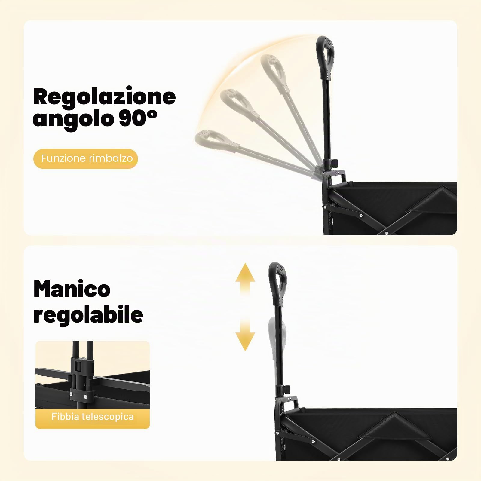 Carrello pieghevole con portabicchieri e maniglia regolabile, carrello pieghevole come carrello da trasporto e carrello da spiaggia per esterni, campeggio, shopping, giardino, portata 80 kg, nero