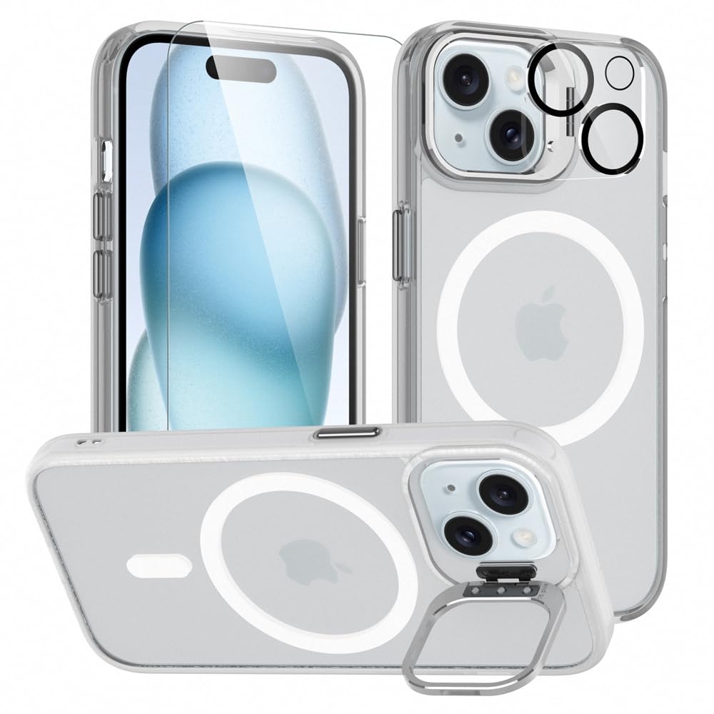 FZXSOGY for iPhone 15 Case, Shockproof Protection Phone Cover with Built-in Kickstand + Tempered Glass Screen Protector & Camera Lens Protector -