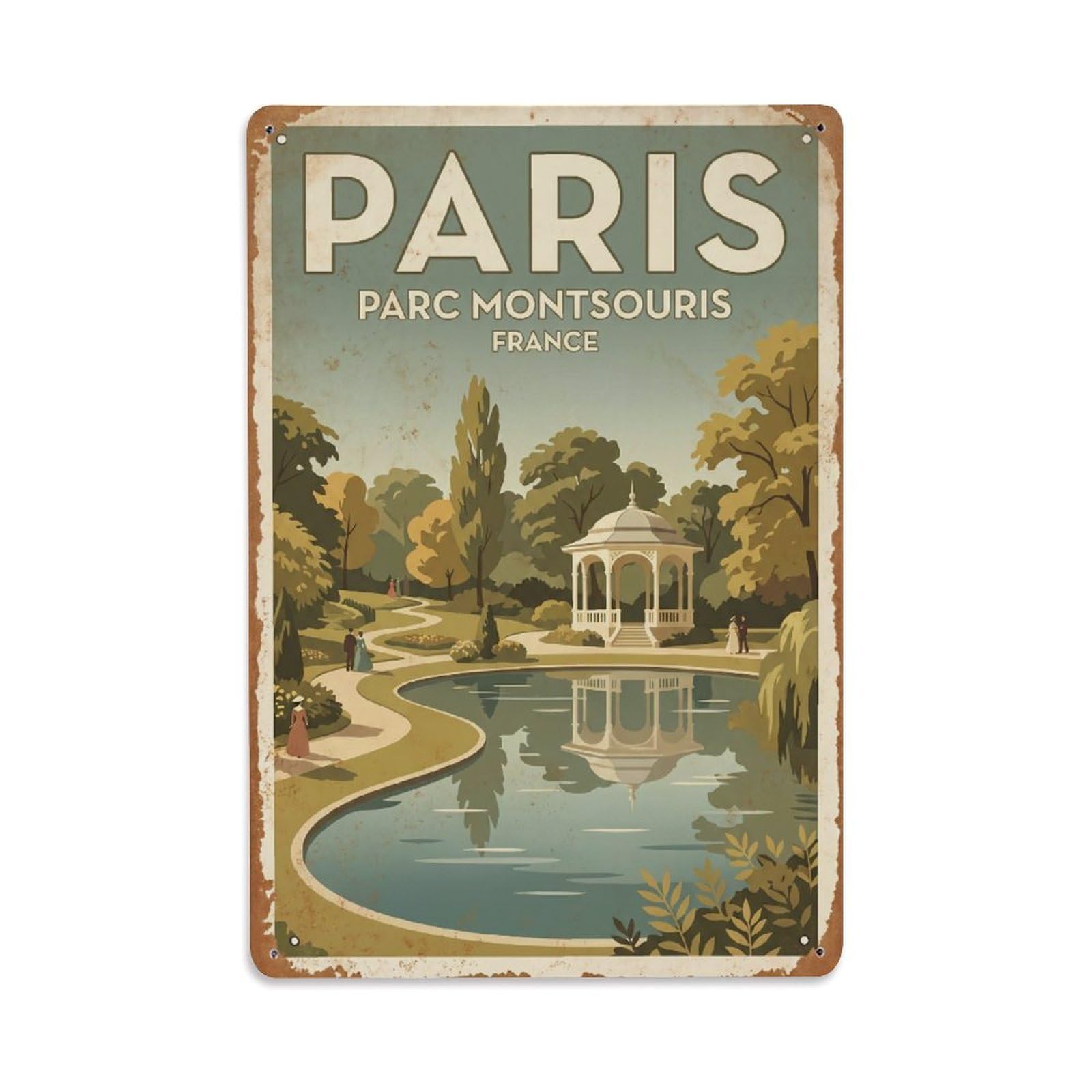 Vintage Travel Paris Parc Montsouris Lake Rusted France Metal Tin Sign Plaque Wall Decor for Cafe, Club Bar, Office, Home Garden Metal Poster 8x12Inch