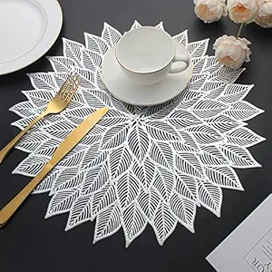 MM RETAILS Golden and Silver Place mat for Dining Table, Dressing Table Mat, Wipeable Washable Non Slip mats (Silver Leaf Round Shape)