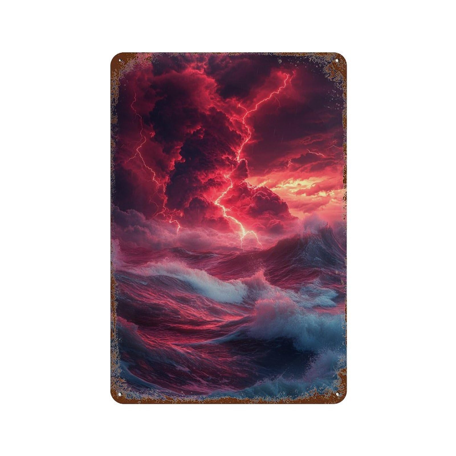 Rust Effect Stormy Sea with Lightning Strikes -1 Aged Metal Wall Plaque 11.8"x7.9", Industrial Home Decor for Cafe, Home Bar And Lounge Decor