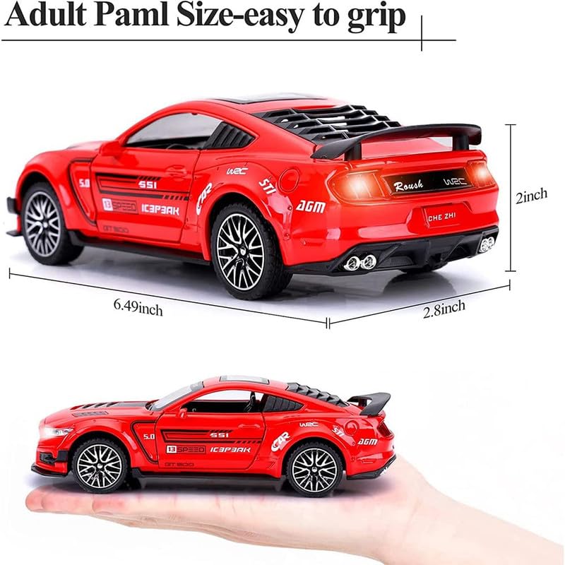 Image of PINQUE Kids New Car 1:32 Mastang Diecast Alloy Metal Pull Back Car with Openable Doors Music Sound and Light Vehicle Toy Car for Boys (Red)