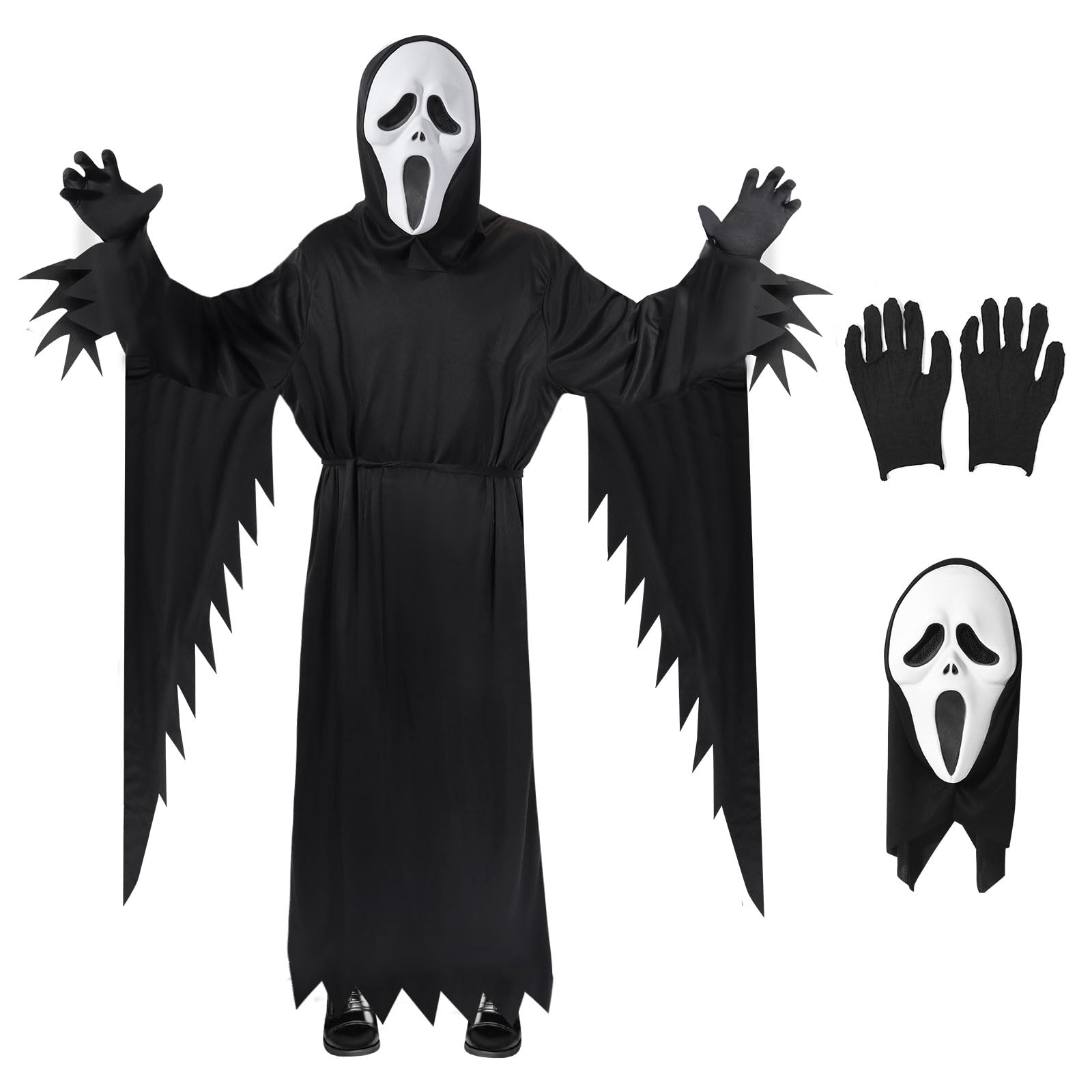 shengo Adult Screaming Ghost Costume Set Adult Screaming Black Outfit with Ghost Face Mask and Black Gloves Cosplay Party Costume