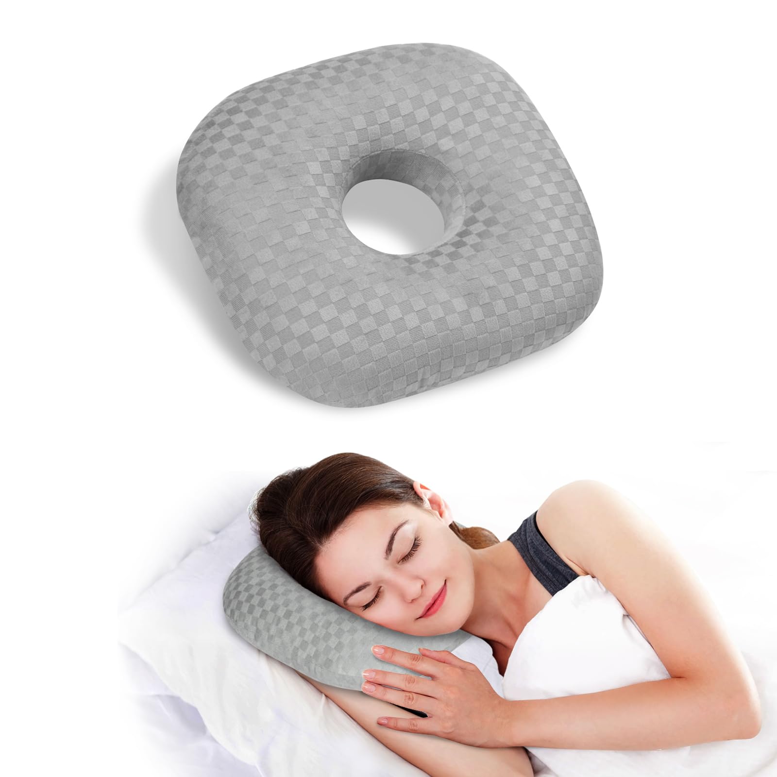 Babyezz Ear Piercing Pillow for Side Sleepers - Ear Hole Pillow for Pierced Ears, CNH & Pain Relief, O-Shaped Orthopedic Pillow for Pressure Sores, Soft Cotton (Gray)
