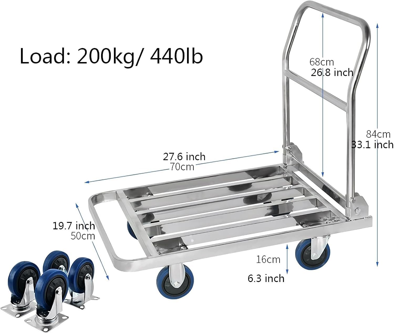 Flatbed Hand Cart Foldable Hand Truck Heavy Duty Stainless Push Cart Flatbed Trolley with Hollow Out Platform for Luggage Baggage Moving Transport Heavy Duty Flatbed Cart(50 * 70)