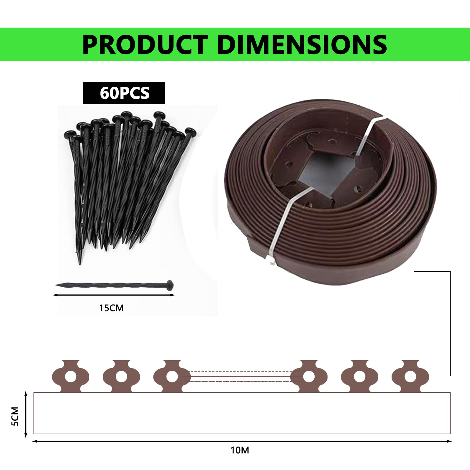 Bordo per Aiuole da Giardino 10 m con 60 Picchetti – Bordura per Prato in Plastica Flessibile, Altezza 5 cm – Separatore per Aiuole e Vialetti, Marrone