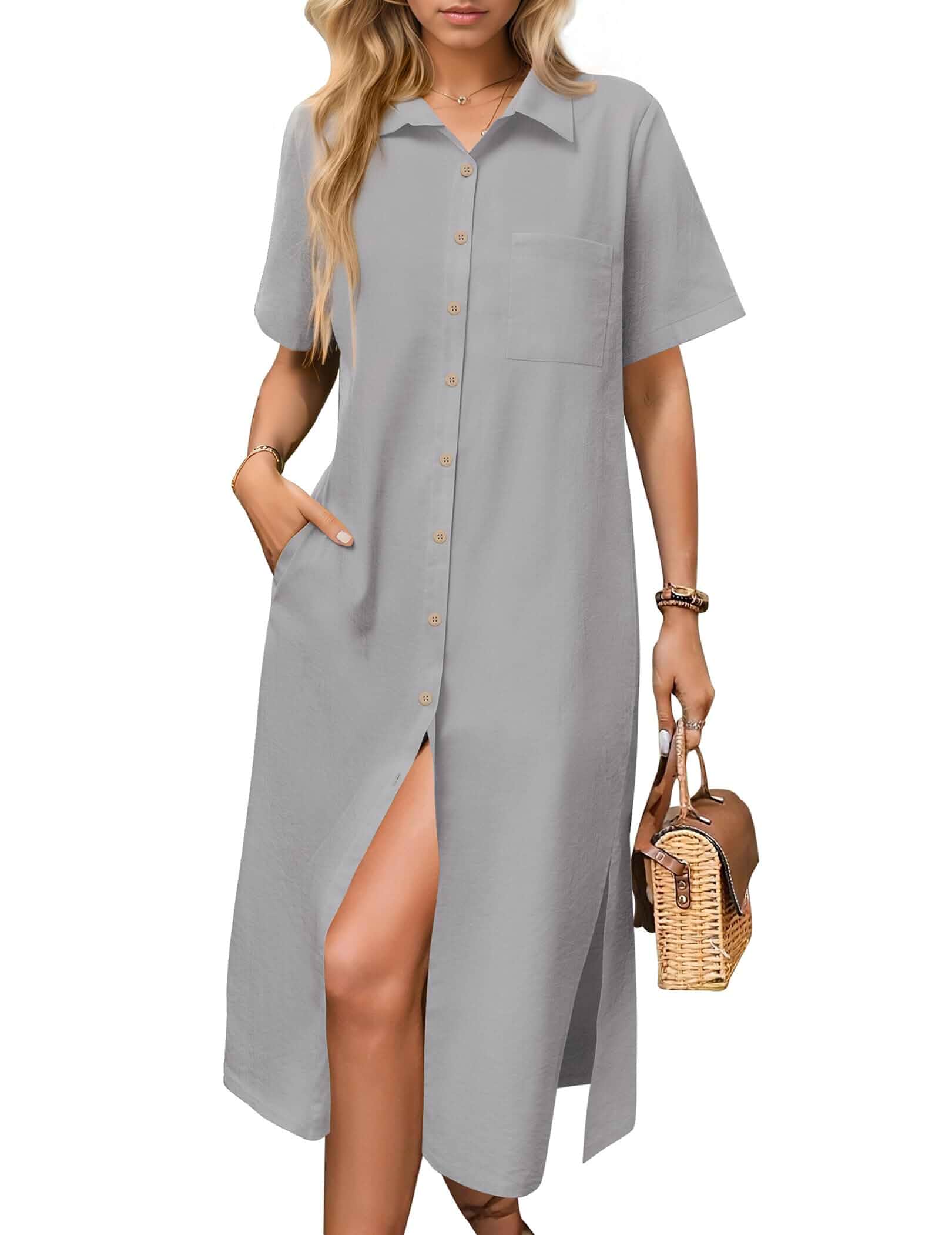 HOTOUCH Womens Shirt Dress Linen Collared Button Down Summer Midi Dresses Casual Loose Short Sleeve Beach Dress with Pockets Short Sleeve