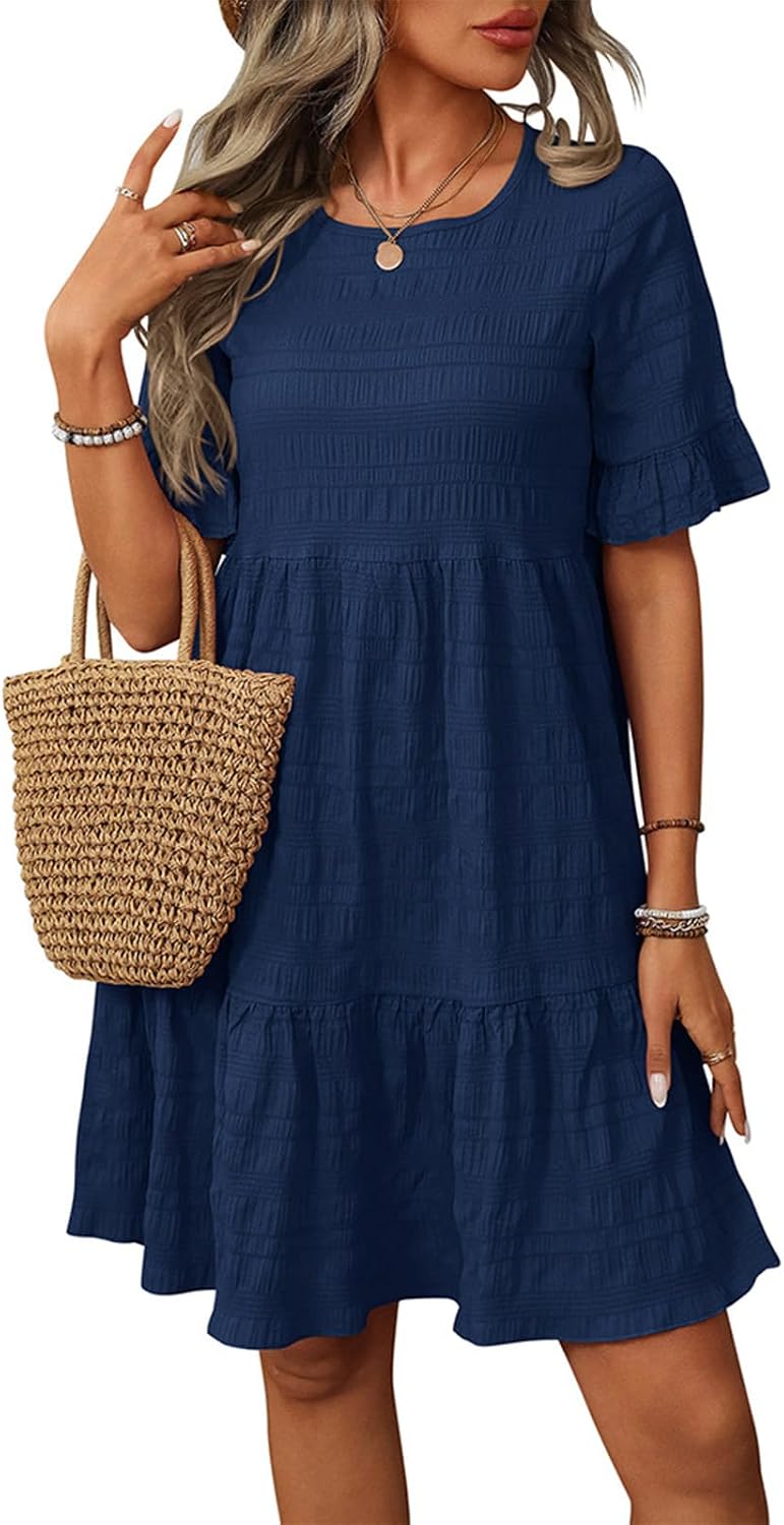 Summer Dresses for Women Fashion Casual Crew Neck Short Sleeve Loose Flowy Ruffle Dress