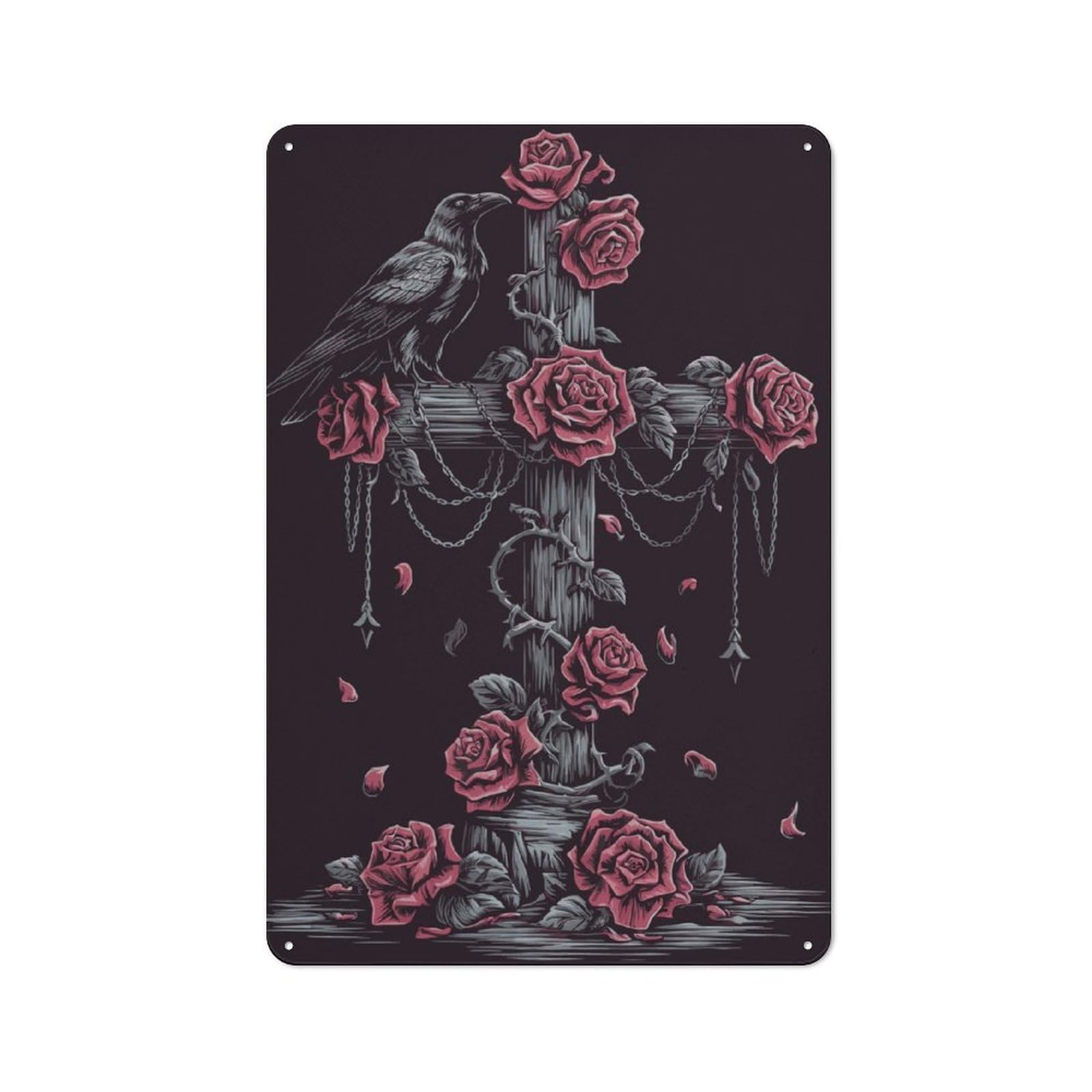 Junmoney Gothic Raven And Roses Cross Rustic Metal Sign 30X20cm For Pub Or Café, For Collectors Of Rustic Metal Wall Decor