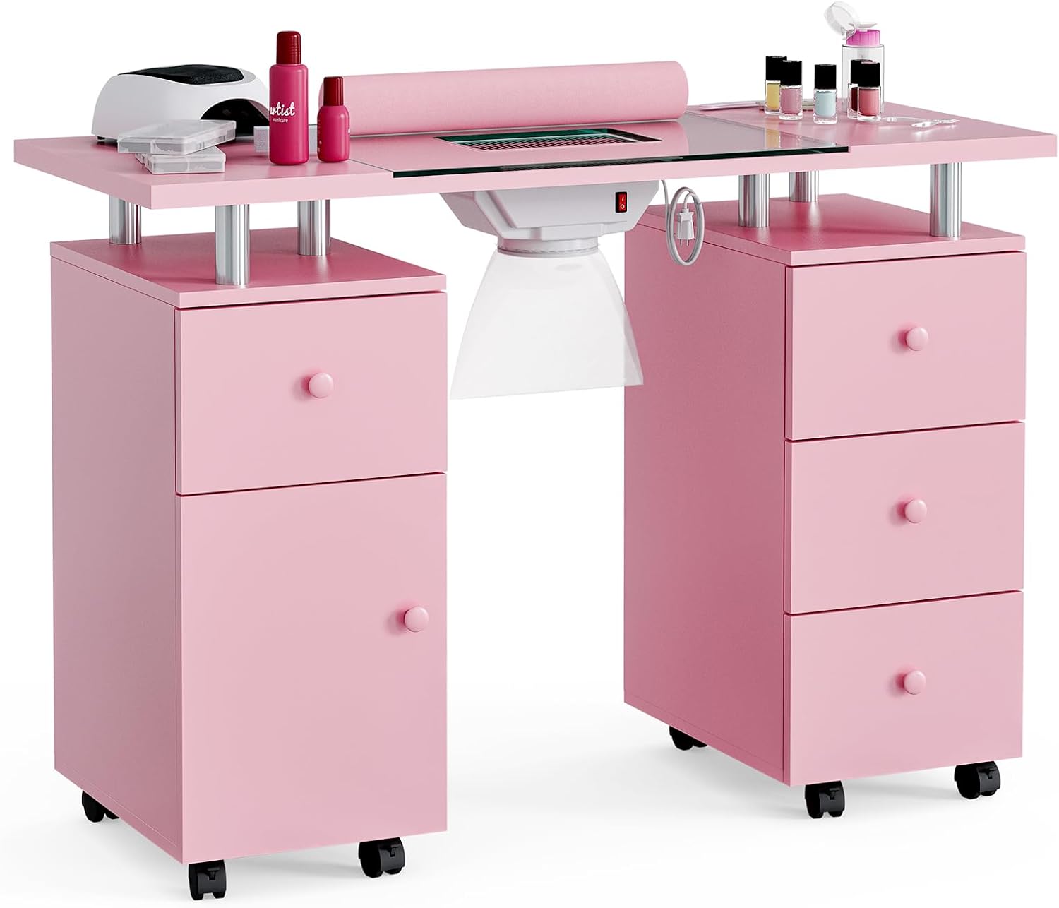 Belandi Manicure Table, Glass Top Nail Tech Desk Nail Table