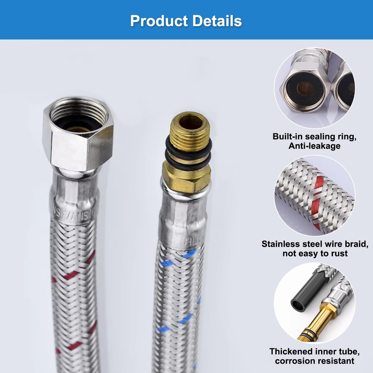 2 Pezzi 80 cm Flessibili per Miscelatori 20mm X 9.5mm, Acqua Calda e Fredda Tubo Flessibile del Rubinetto con Nastro di Tenuta, Acciaio Inox Intrecciato Flessibile Rubinetto Cucina per Cucine e Bagni