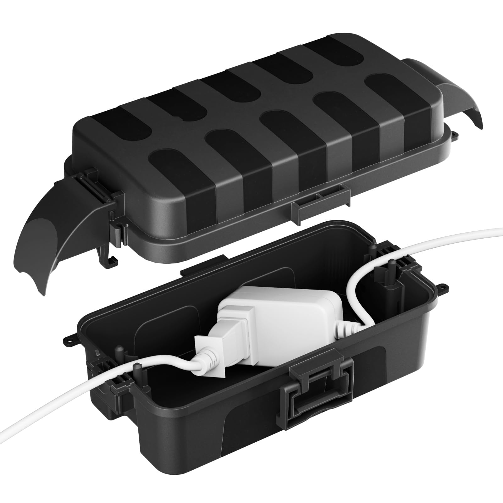 Photo 1 of FLEMOON IP55 Outdoor Electrical Box Waterproof with Detachable Awning Covers, 8.3 x 4.1 x 3.7 inch Weatherproof Extension Cord Cover, Easy Installation for Outdoor Plug, Outlet, String Lights, Black