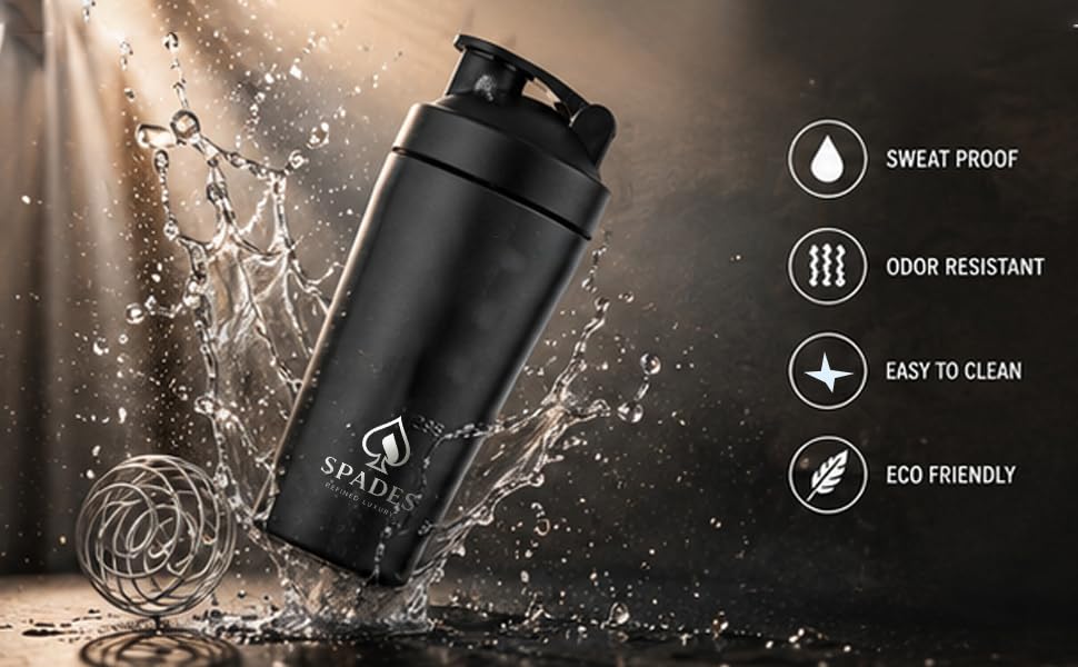 Image of SPADES Stainless Steel Gym Shaker Bottle 750ml with Mixing Ball | Leakproof Protein Shaker for Gym, Wide Mouth, Leckproof, Measurement Markings, Sipper Cap | Metal Shaker for Men (Black /P1)