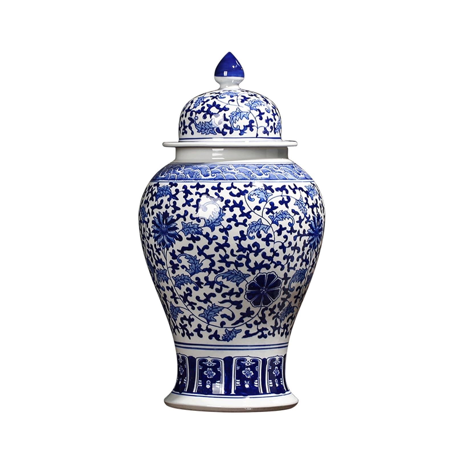 Classic Ginger Jar with Lid Chinoiserie Porcelain Vase Ceramic Ginger Jars Jingdezhen Blue and White Temple Jar Floral Storage Jar(25x46cm)