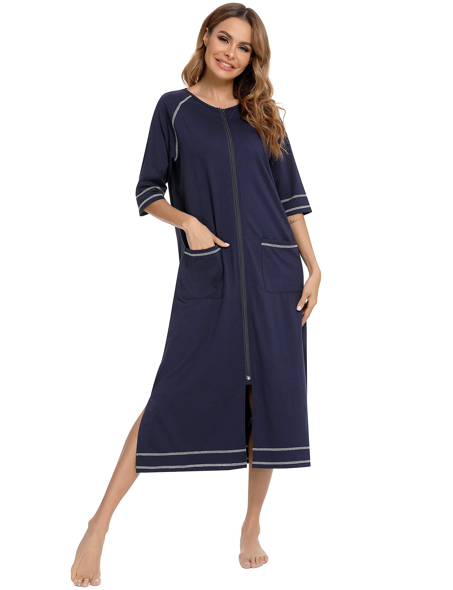 Citridarll Women Zipper Front House Coat Half Sleeves Robe Zip Up Bathrobes Full Length Nightgown with Pockets, Navy Blue, Medium
