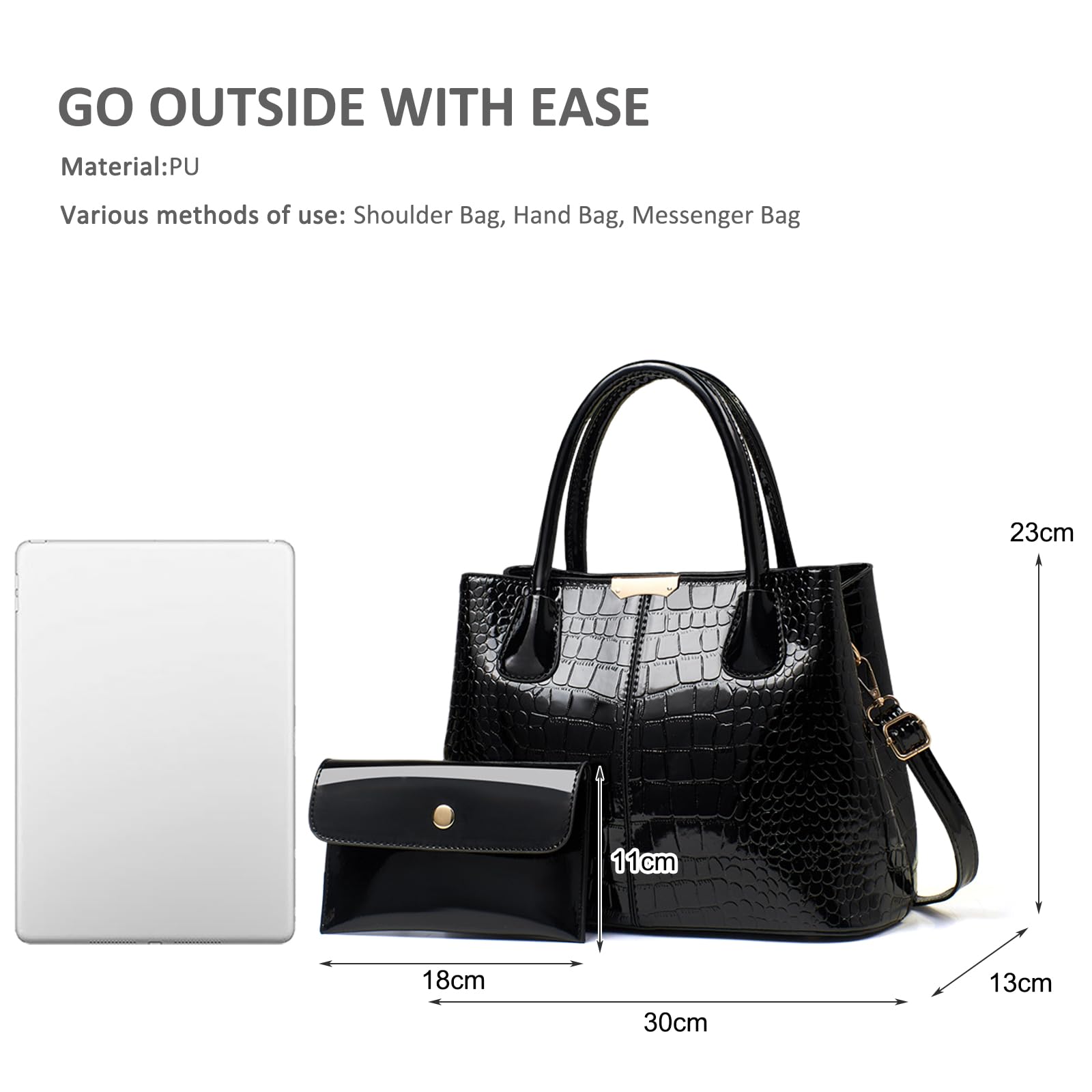 NICOLE & DORIS Bolso de Mano Mujer Bolso con Monedero Bolsos de Cocodrilo Bolso Bandolera Charol Bolso de Hombro para Viajes Compras Trabajo Negro