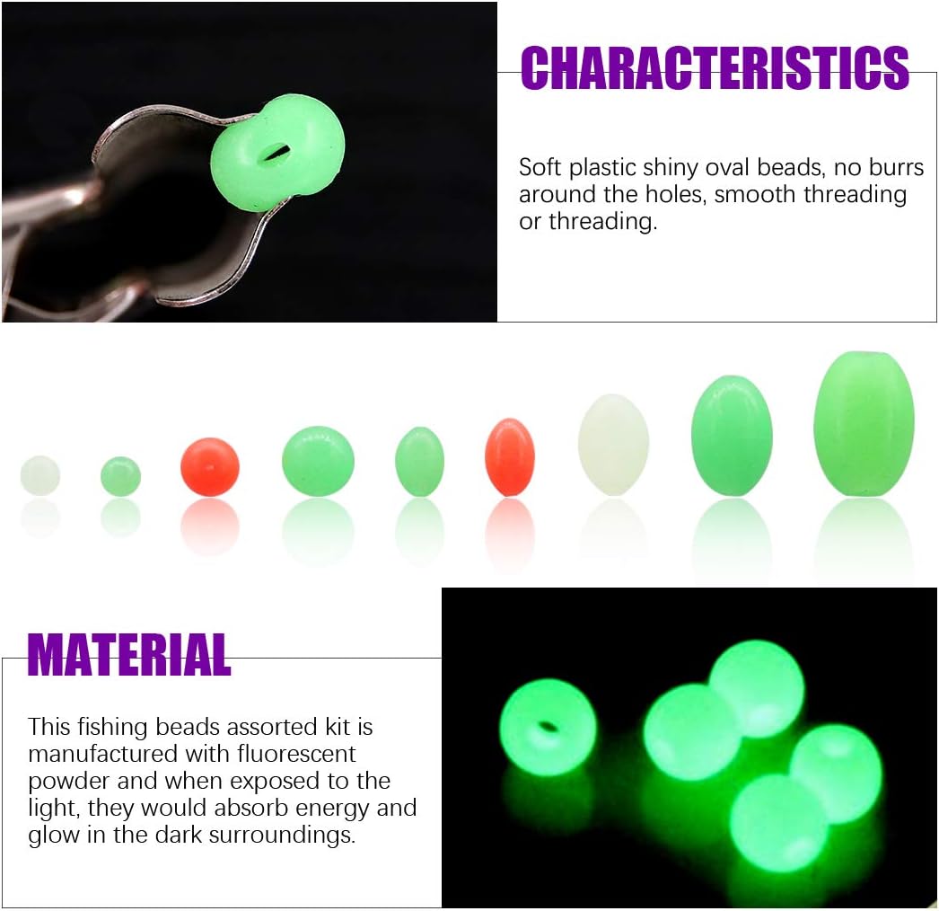 Swpeet 1050Pcs Plastic Oval Shaped Luminous Fishing Beads Assortment Kit, Soft Rigging Lures Baits Tackle Tools Floats Set for Rig (Pack of 2)