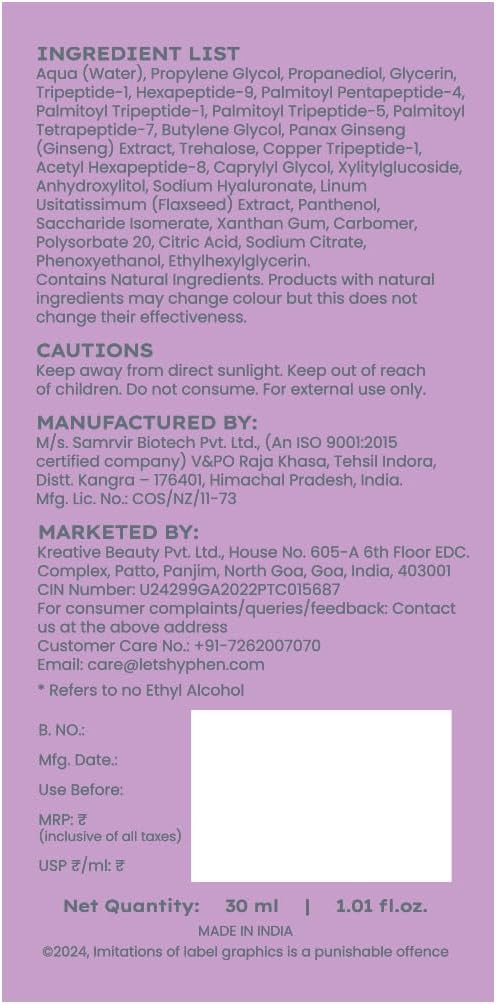 Hyphen 10% Power Peptide & 2% Copper Peptide Serum| Advanced Anti-Aging Formula | Reduces Fine Lines & Wrinkles | Glowing Skin | Face Serum For Men & Women | All Skin Types - 30ml