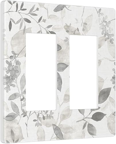 Cubierta de interruptor de luz doble con hojas florales grises de 2 bandas, placa frontal eléctrica para el hogar, dormitorio, decoración de panel