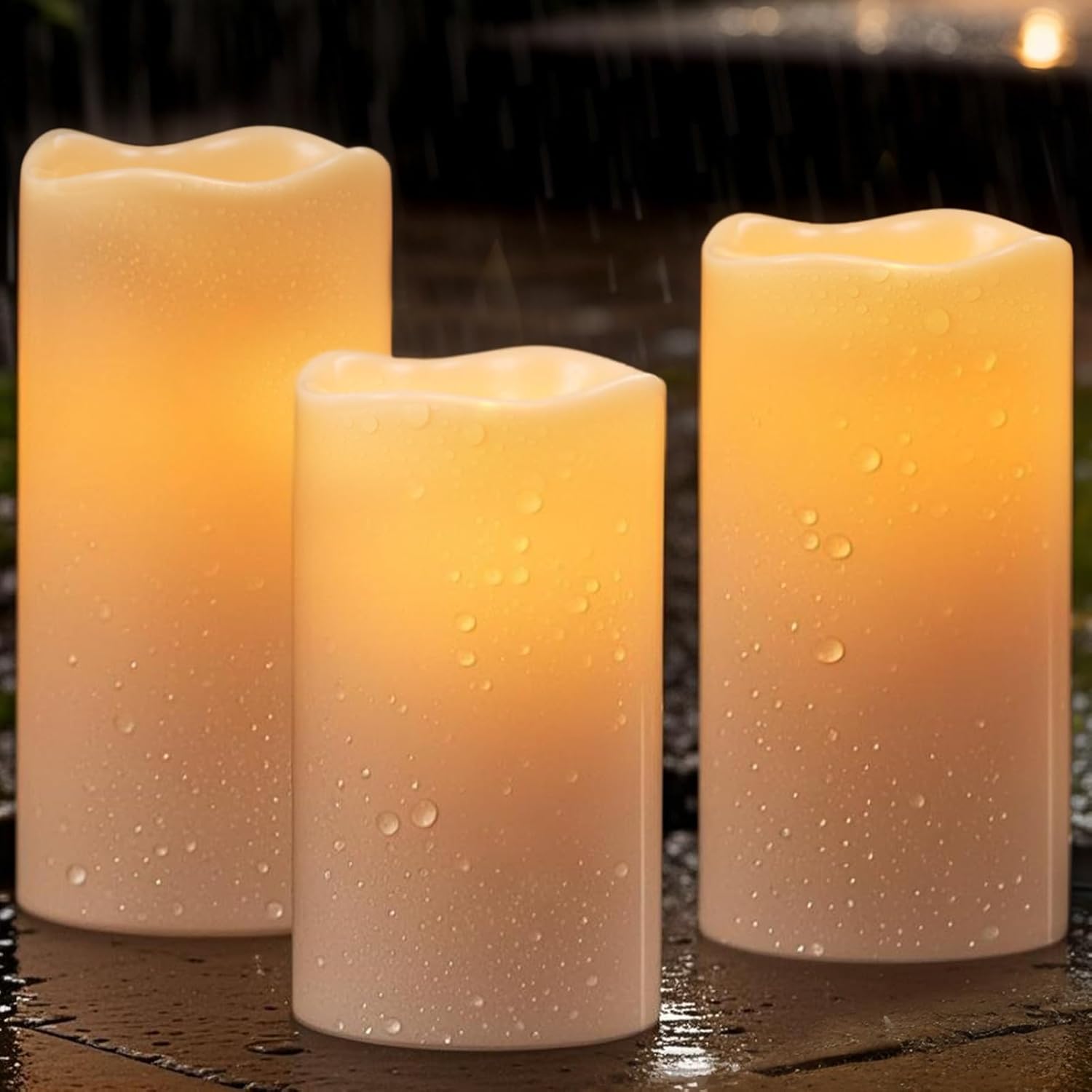 Wondise Solar Candles Outdoor Waterproof IP65 Rechargeable Solar Candles, Dusk to Dawn, Outdoor Pillar Candle for Camping Patio Porch Lanterns(3 Pack, 3" D x 5" H x 6" Hx 8" H)