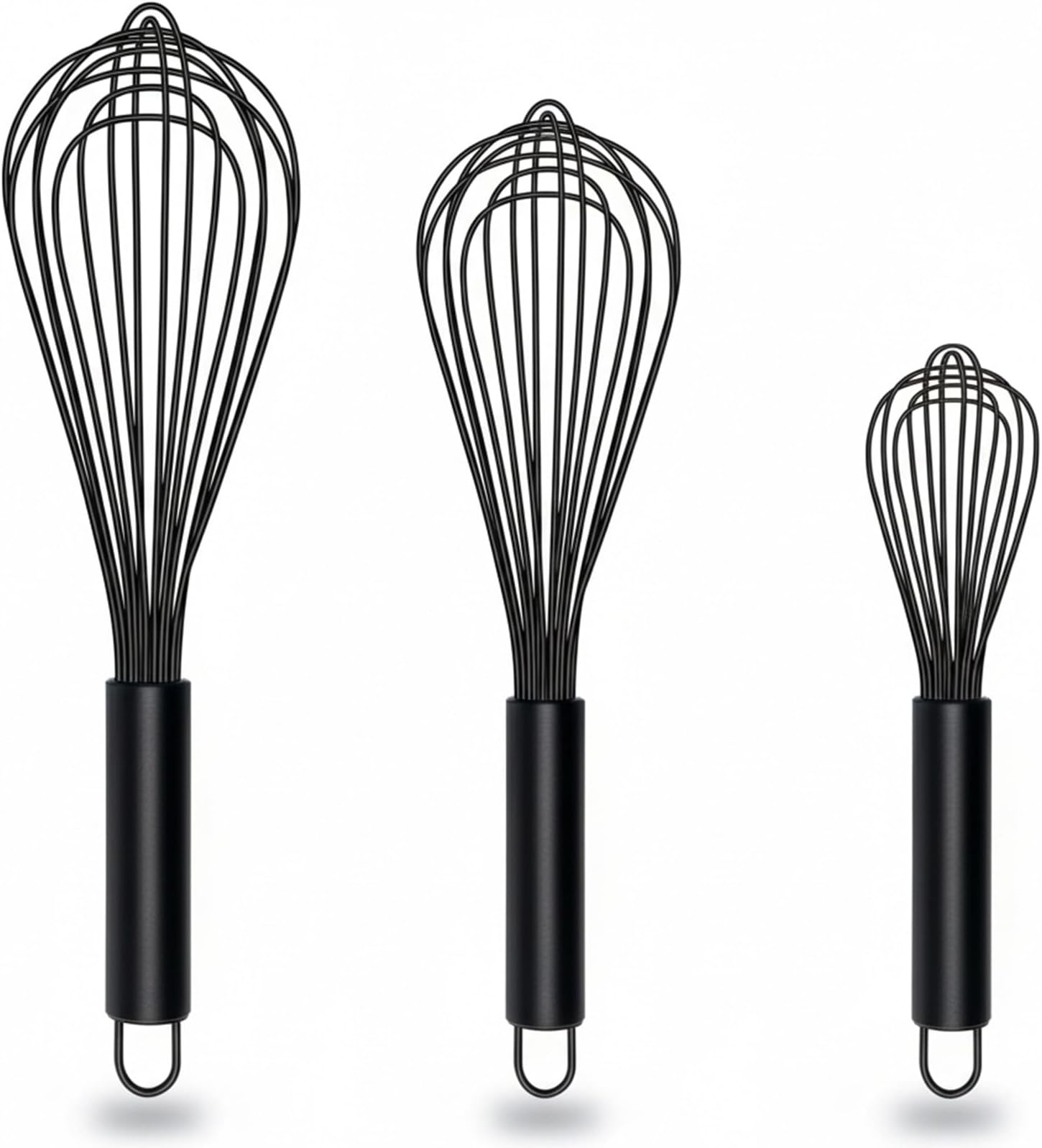 TEEVEA Silicone Whisk Set of 3 Non Scratch Non Stick Silicone Coated Stainless Steel Wire Whisks Heat Resistant 480°F Kitchen Wisk for Cooking Blending Whisking Tool Black