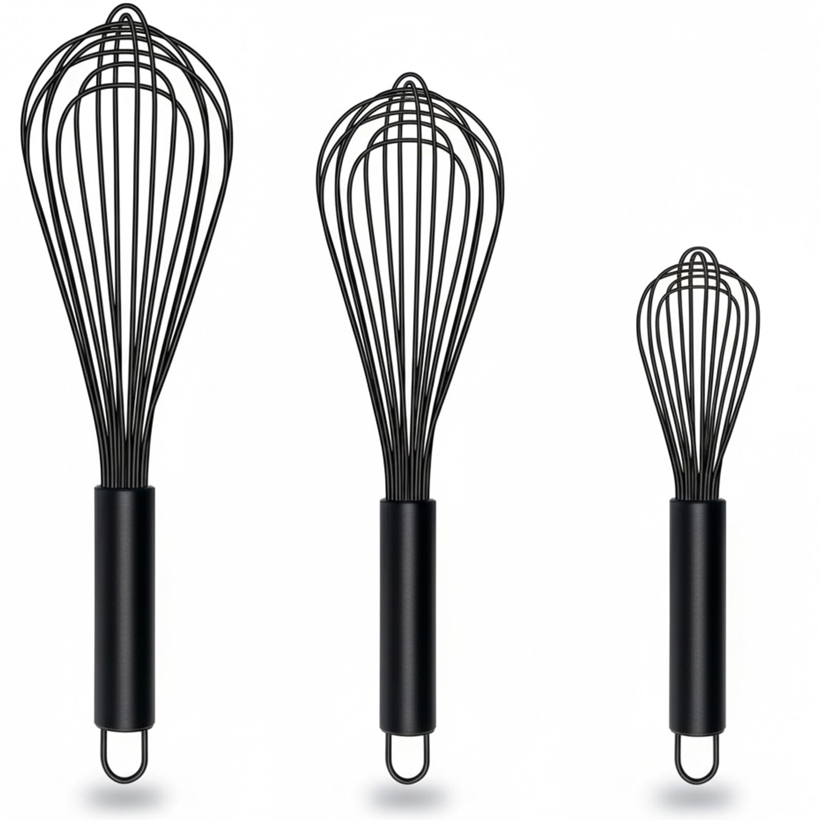 Silicone Whisk Set of 3 Non Scratch Non Stick Silicone Coated Stainless Steel Wire Whisks Heat Resistant 480°F Kitchen Wisk for Cooking Blending Whisking Tool Black