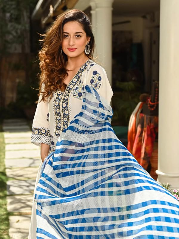 Image of Pinkmint Women Kurta Set Printed V Neck Stright Kurta & Bottom with Dupatta Set