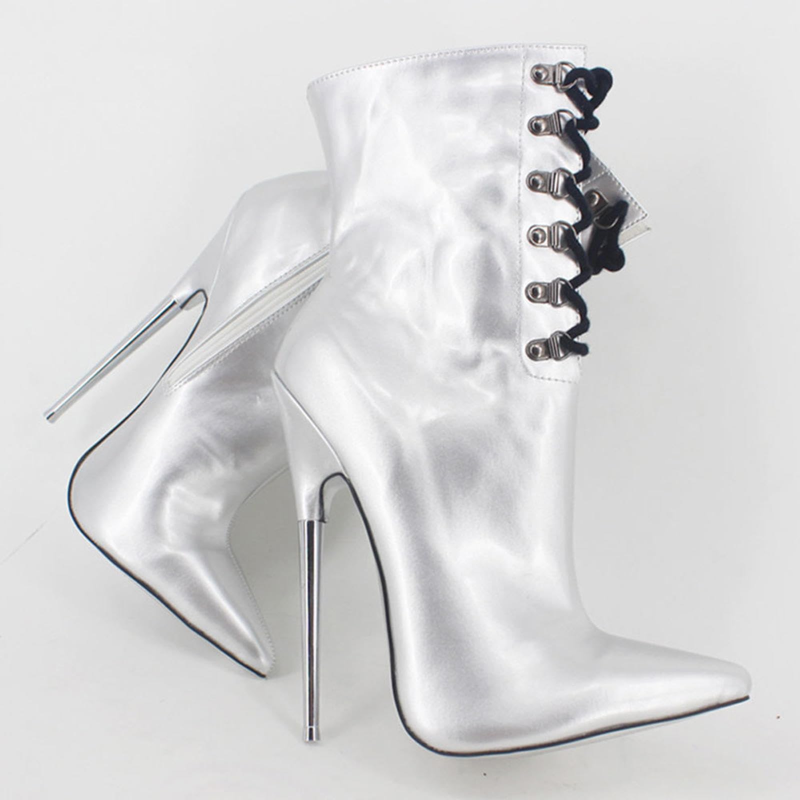 Tacchi Donna Tacchi Alti 18cm Stivaletti Argento Metallizzato Tacco Fine Punta in Vernice,Silver-39