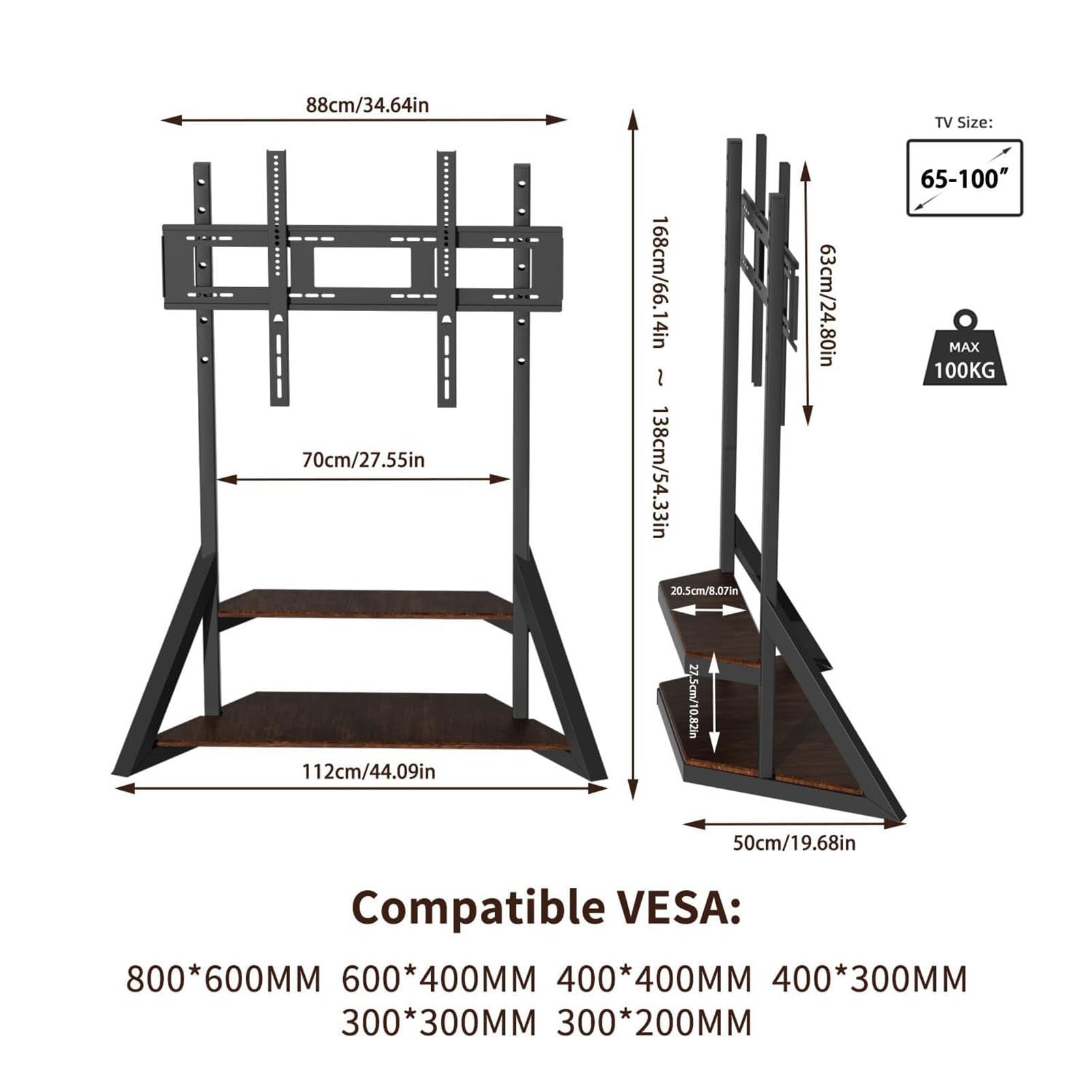 THEGA Carro De TV Móvil Soporte con Ruedas - Soporte De TV Móvil, Base De Montaje En Suelo Resistente Y Ajustable En Altura, Soporta hasta 100 Kg con Estante