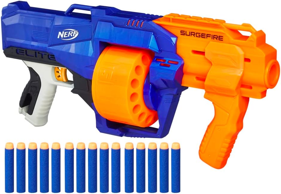 Nerf Surgefire Elite Blaster 15-Dart Rotating Drum, Slam Fire, Includes 15 Official Elite Darts for Children, Teens, Adults, Multicolor
