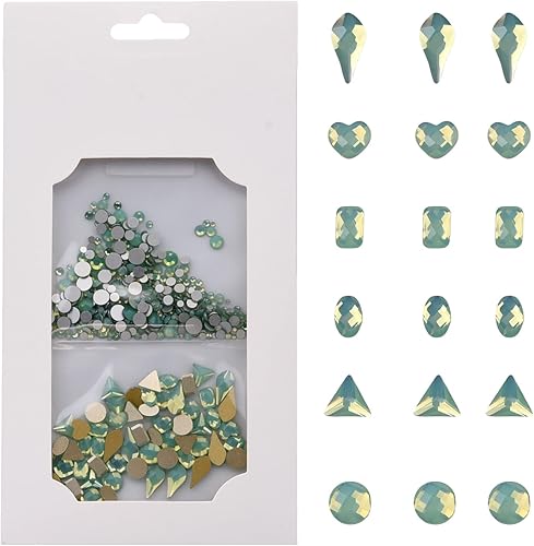 Miniatura 2 de 60 piezas de diamantes de imitación de cristal con formas mixtas con parte trasera plana, gemas de ópalo verde, 480 cuentas redondas 3D para