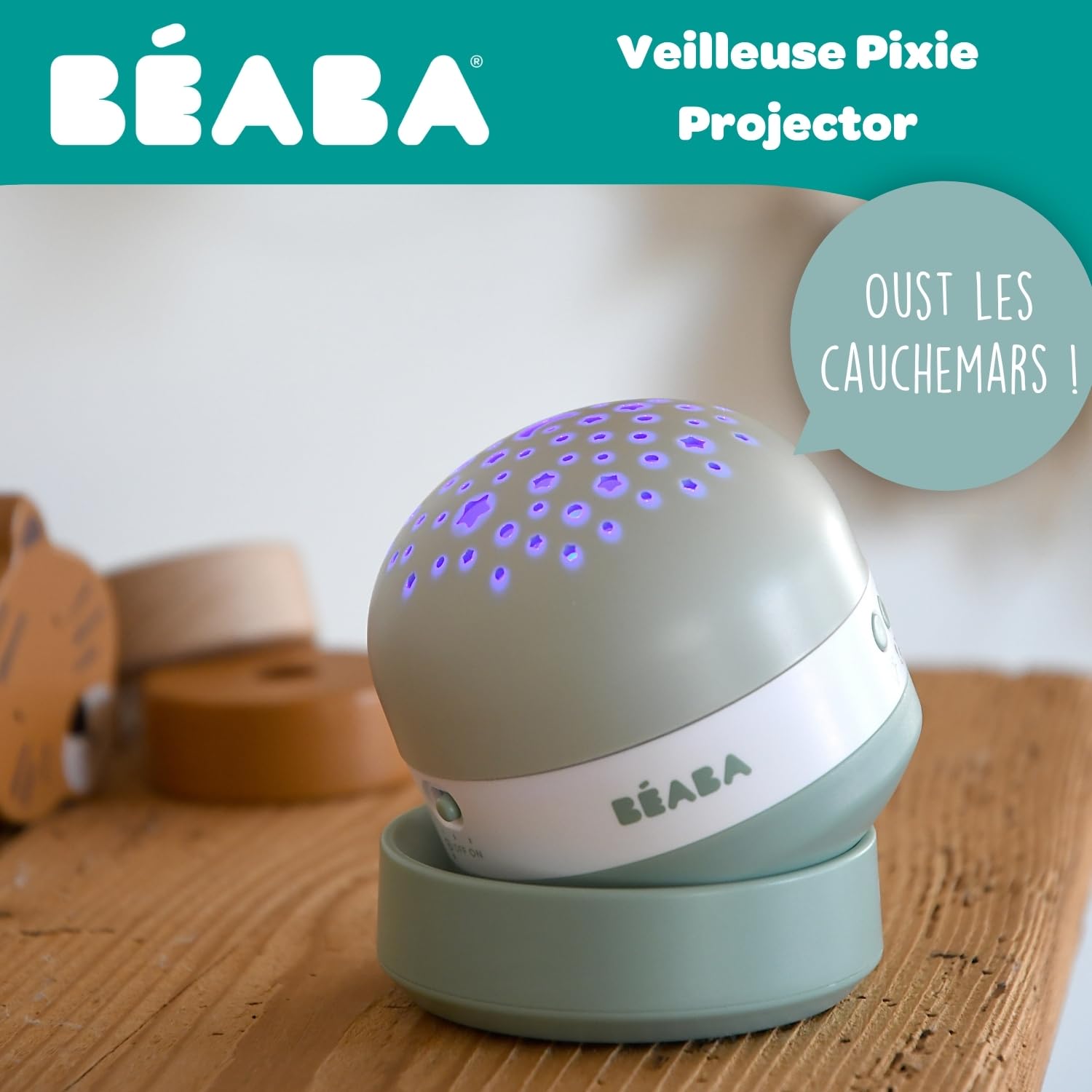 BÉABA, Veilleuse Bébé avec Ciel Étoilé 3 Couleurs, 9 Sons Relaxants (4 Nature, 4 Berceuses,1 Bruit Blanc), Détecteur de Pleurs, Autonomie 100h, Recharge USB, Transportable, Pixie Projector, Vert Sauge