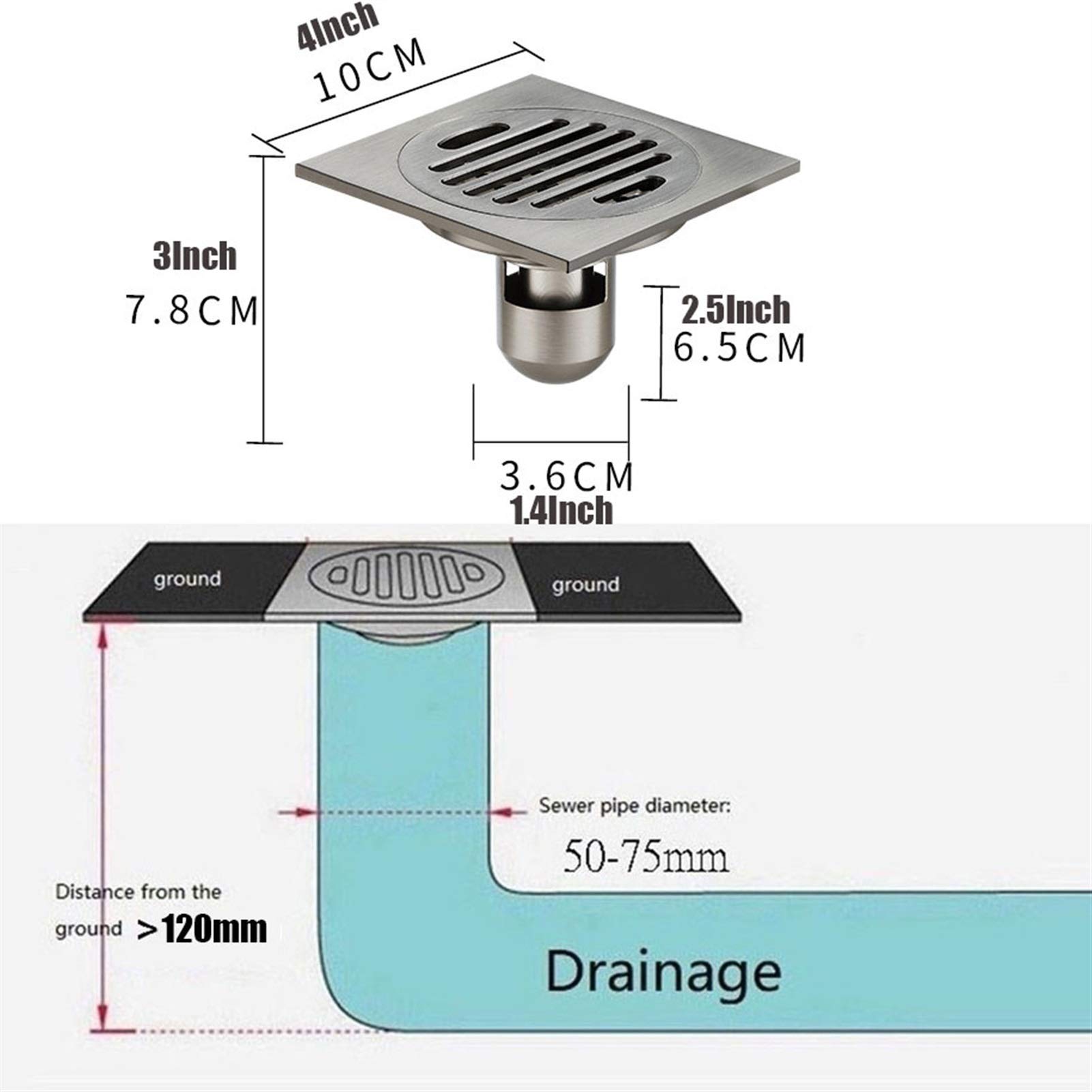 Desagüe de Piso Ducha Cuadrado latón 4 Pulgadas
