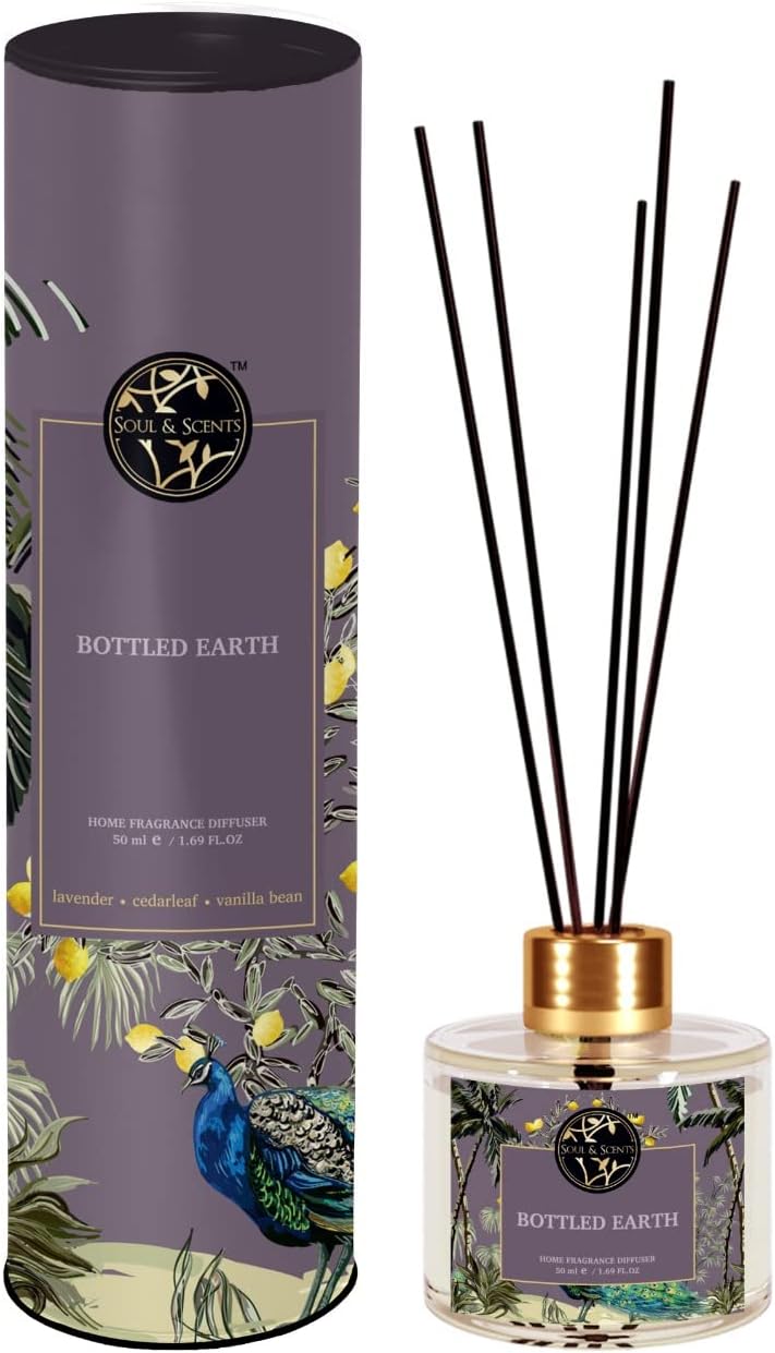 Soul & Scents 50ml Bottled Earth Reed Diffuser Set | Fragrance of Lavender, Cedarleaf & Vanilla Bean| Get 5 Rattan Reed Sticks | Smoke Less Room Freshener for Home, Bedroom, Living Room & Office