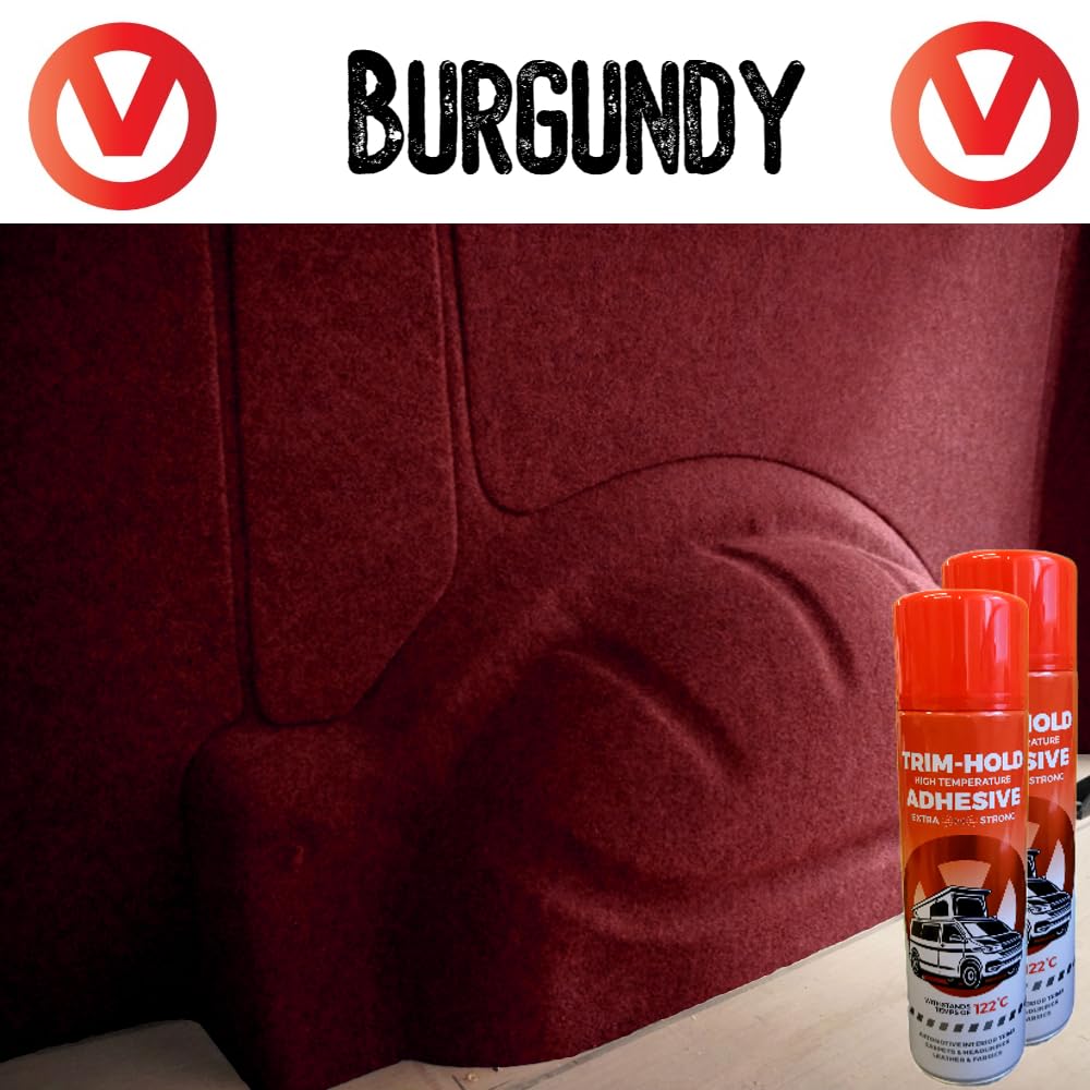 Vandalised- 4 Way Stretch Carpet Lining – for Camper/Van/Caravan - 9 Colours, Various Lengths with Glue (9:Burgundy, 2meter x 2meter 2xGlue) — view 3