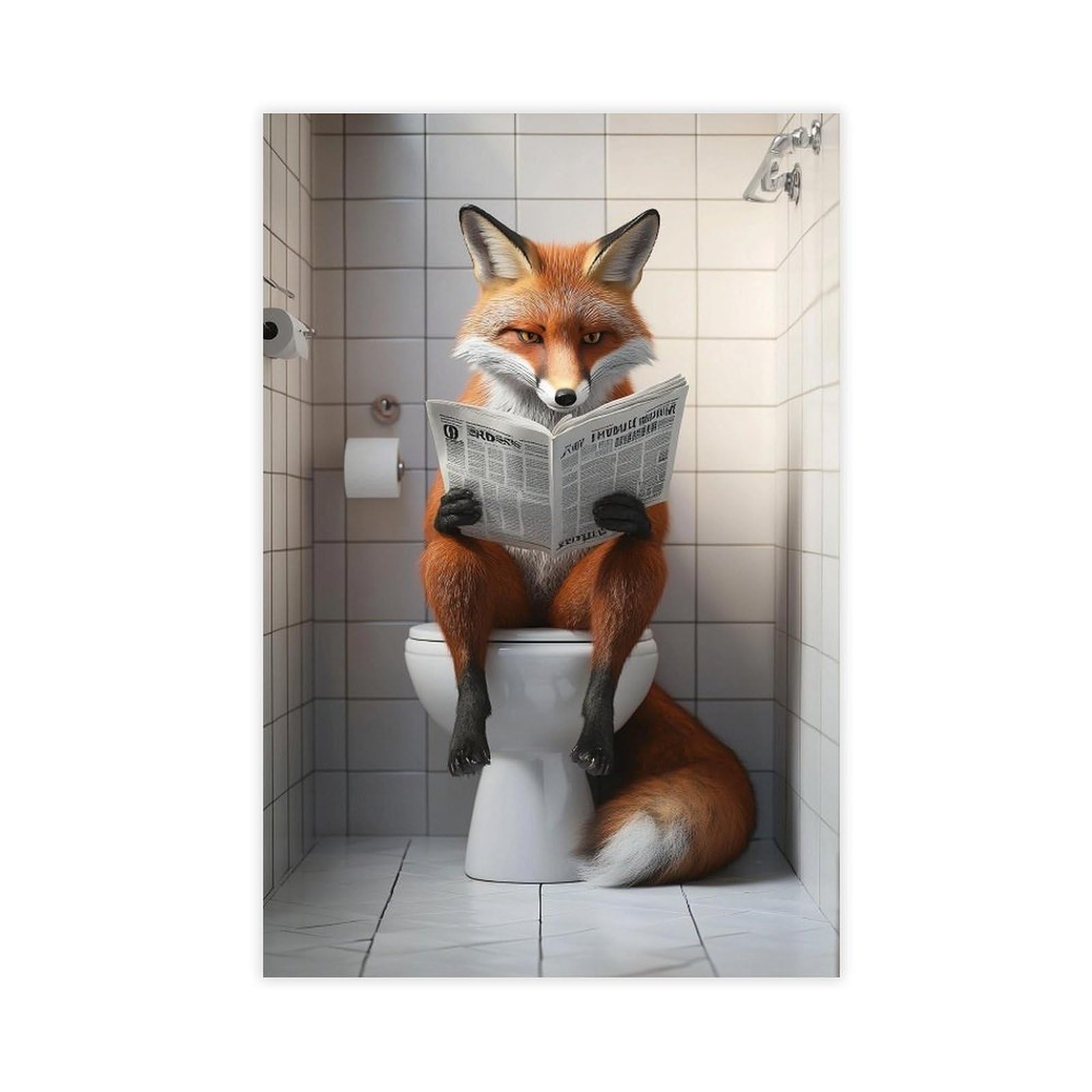 Poster of A Fox Reading A Newspaper on A Toilet Funny Bathroom Decorations