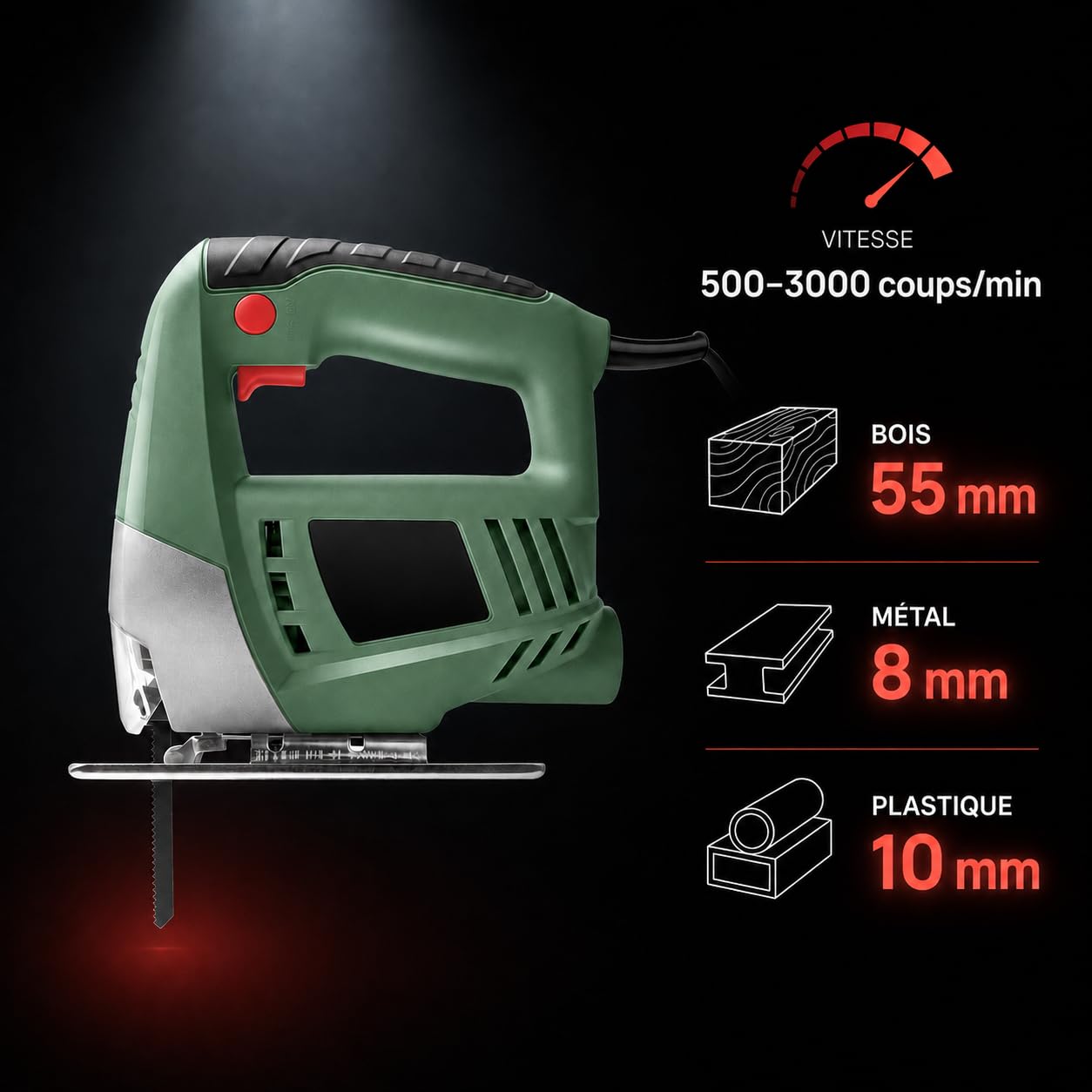 KOMBO - Scie Sauteuse avec 1 Lame, 400W - 230V, 3000 tours/min - Scie Sauteuse pour Bois et Bricolage, Coupe Précise, Poignée Ergonomique