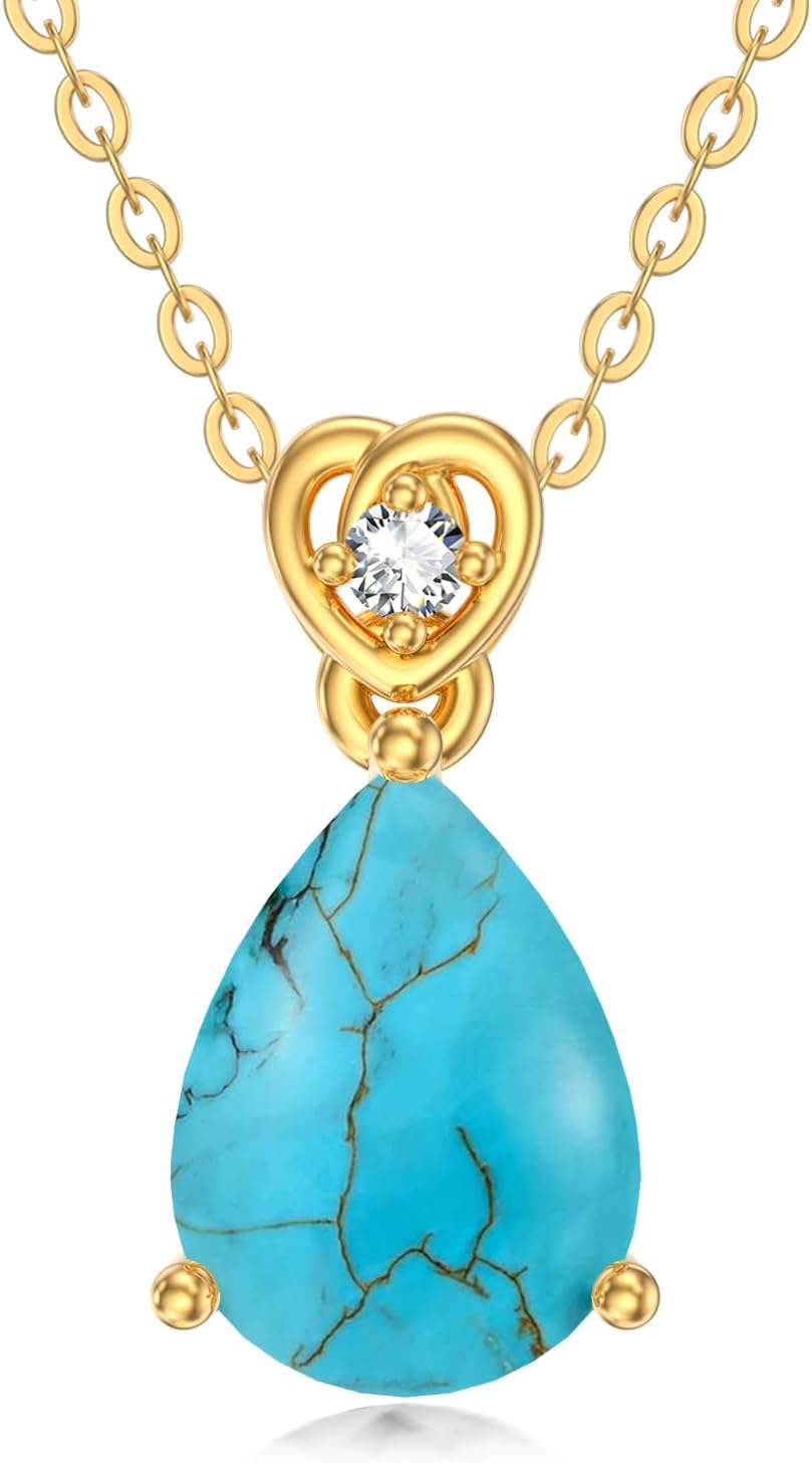 14k Gold Pear Gemstone Birthstone Necklace with Real Diamond(I2-I3 Clarity),2 Carat Teardrop Created Birthstone Anniversary Birthday Mother's Day Necklaces for Women Mom Her