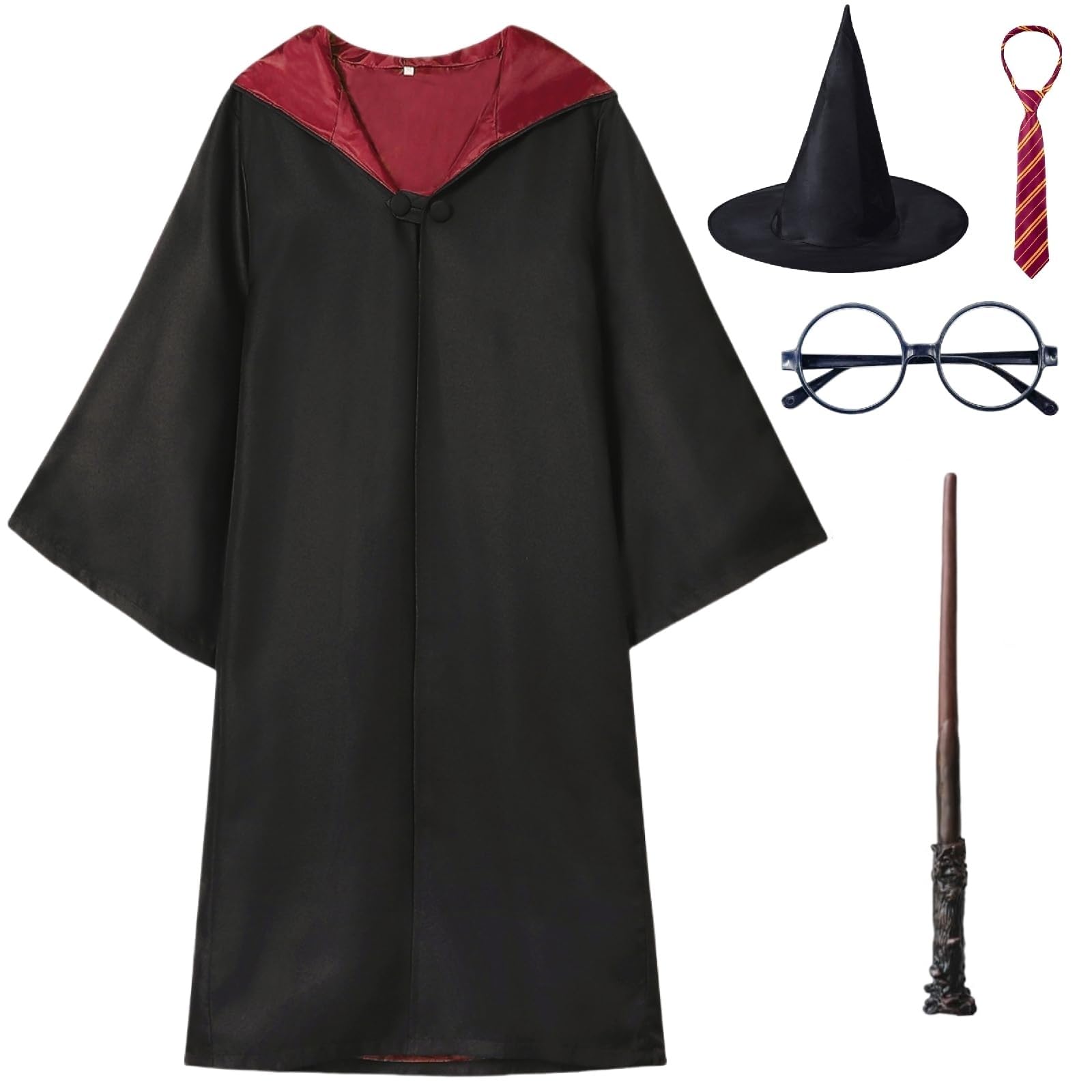 SKADE Wizard 5 pcs Costume Cosplay Set for Party Halloween Christmas Birthday Gifts for Adults, Striped Tie, Glasses Frame, Wizard Hat, Magic Wand