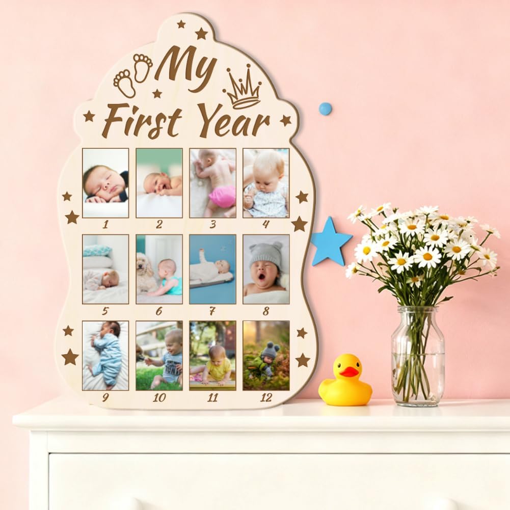 ORIGACH Baby Bottle Shape My First Year Baby Growth Photo Display Board, 12 Months Newborn Milestones Wood Keepsake Board for 1st Birthday & Nursery Decor,Crown & Footprint Pattern