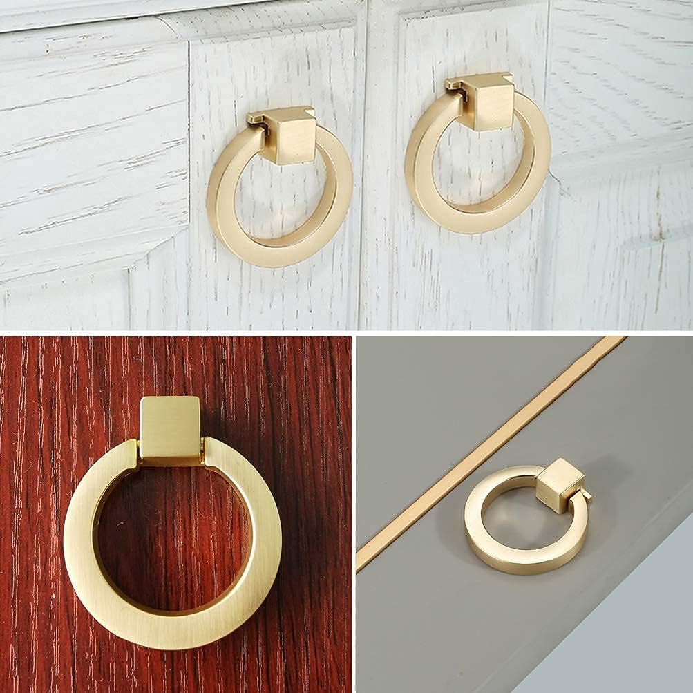 Myxekllo 6 Pcs Brushed Gold Cabinet Ring Pulls, Brass Furniture Drawer Pulls Hardware Cabinet Ring Kitchen Drawer Handles Rings